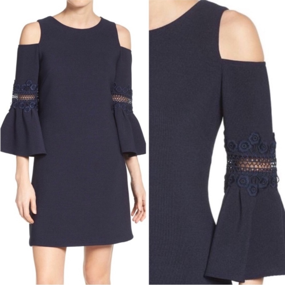 ELIZA J Chic Navy Cold Shoulder Dress with Lace Sleeves